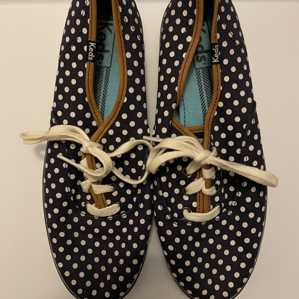 Navy and White Poka Dot Keds - Size 9.5